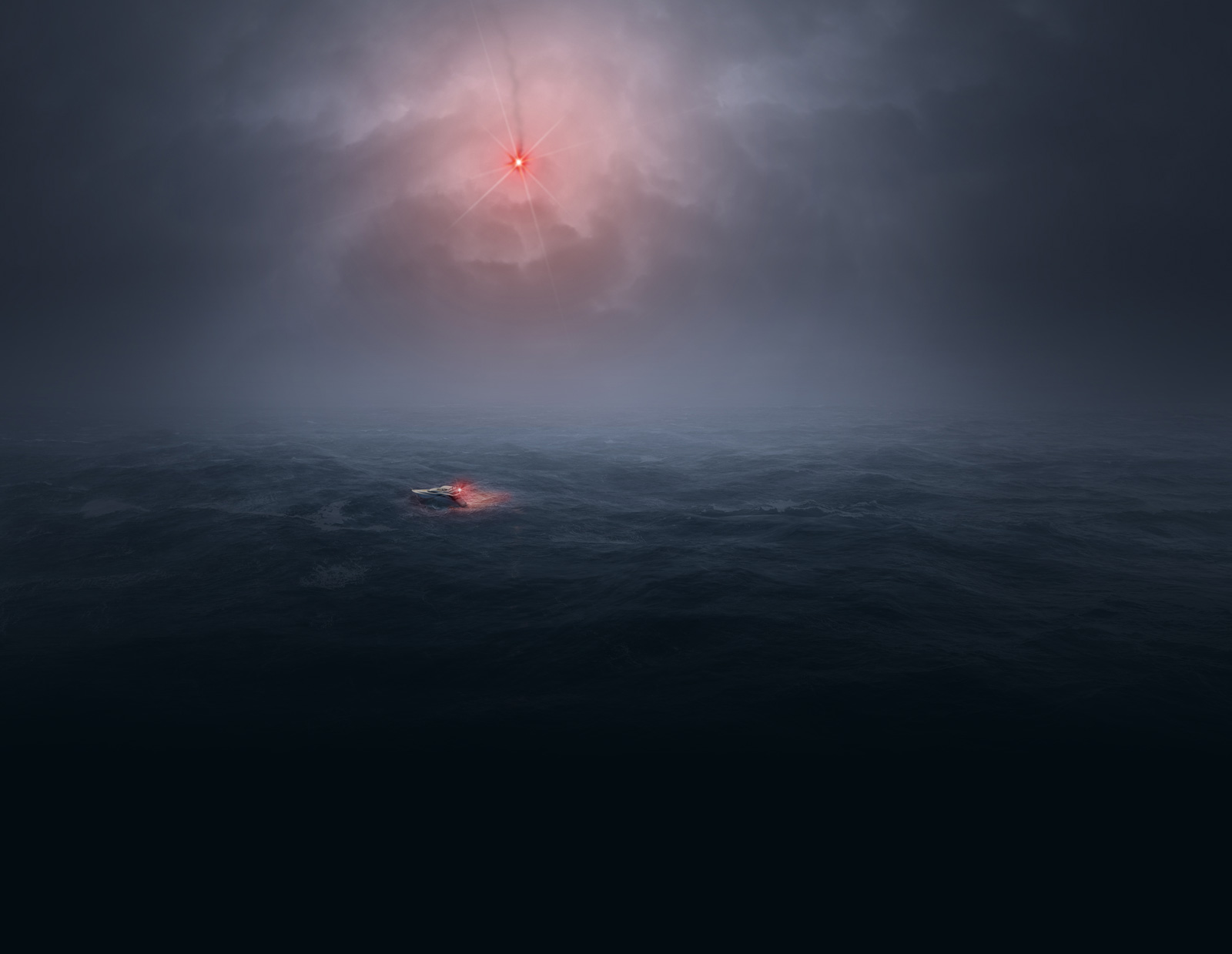 A lonely leisure boat on a stormy sea can be seen in the distance. It's dark outside. One of IKAROS products, the red parachute rocket, lights the sky over boat. A red handheld flare is held by a man on the boat. The two red distress signals lights up the dark.